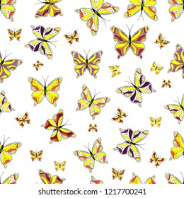 Vector illustration. Seamless pattern with butterfly on black, yellow and white background. Cute background for design of fabric, paper, wrappers and wallpaper.
