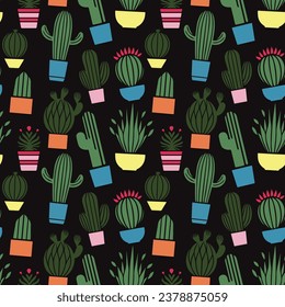 Vector illustration. Seamless pattern. Cacti in pots. Template for printing at a fabric factory.