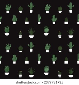 Vector illustration. Seamless pattern. Cacti in pots. Template for printing at a fabric factory.