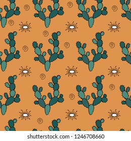 Vector illustration of seamless pattern with cactus. On a yellow background, for Wallpaper, fabrics, textiles.