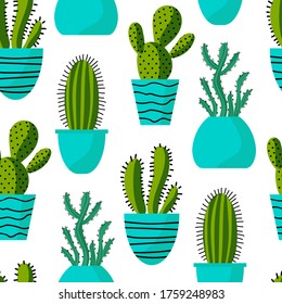 Vector illustration. Seamless pattern with cactus. Mexican cacti on white background. Texture for print, textile, packaging.