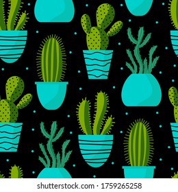 Vector illustration. Seamless pattern with cactus. Mexican cacti on black background. Texture for print, textile, packaging.
