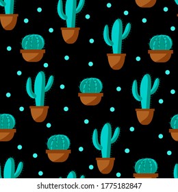 Vector illustration. Seamless pattern with cactus. Mexican cacti on black background. Texture for print, textile, packaging. 