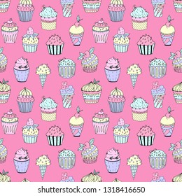 Vector illustration of a seamless pattern of cakes of different colors and shapes. Cupcakes with different fillings and details on the background.