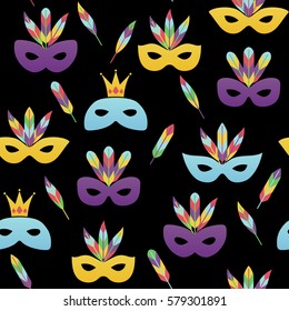 Vector illustration, seamless pattern with carnival masks. Mardi gras design element.