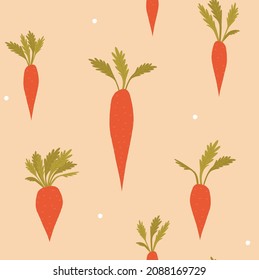Vector illustration, seamless pattern with carrots and dots. Cute pattern for fabrics, wear, backgrounds, packaging, wrapping paper, prints and other surface