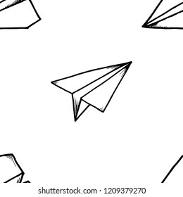Vector illustration of a seamless pattern cartoon paper plane. Hand drawn paper plane origami.