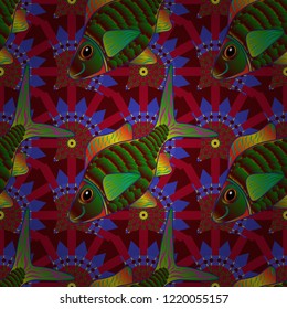 Vector illustration. Seamless pattern with cartoon reef fishes. Doodle vector tropical fishes in green, violet and red colors.