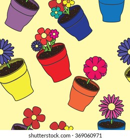 Vector illustration. Seamless pattern. Cartoon flower in pot.
