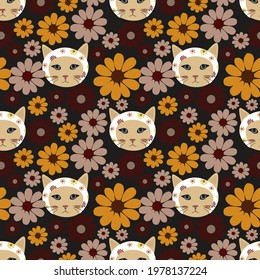vector illustration seamless pattern with cat. Vector templates for card, poster, flyer, banner and other use.Wrapping paper,textile,fabric.