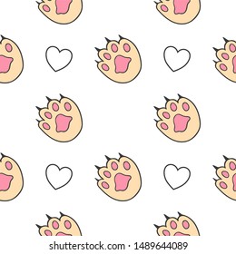 Vector illustration. Seamless pattern. Cat's paws and heart.