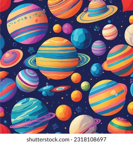 Vector Illustration of Seamless Pattern of Celestial Planets and Serene Stars