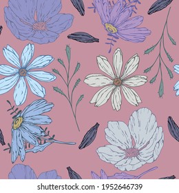 vector illustration seamless pattern chamomile and peony flowers,grass,petals in delicate color on a pale pink background