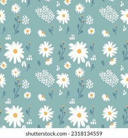 Vector illustration. Seamless pattern with chamomile petals and twigs. Big set of flowers.