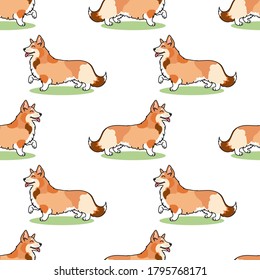 vector illustration seamless pattern character cartoon cute chibi anime funny brown dog Welsh Corgi on a white background. Cartoon welsh corgi dog with tongue sticking out