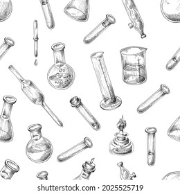 Vector illustration of seamless pattern with chemical glassware for laboratory on white background. Sketch of background with test tube, flask, beaker with pipette and spirit burner. Elements for