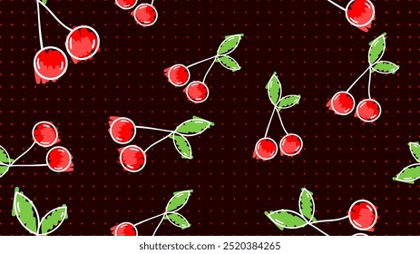 Vector illustration. Seamless pattern of cherry. Hand-drawn style. Line art. Color doodle style. Design for wallpaper, background, poster, banner.