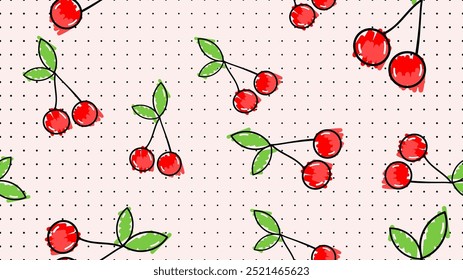 Vector illustration. Seamless pattern of cherry. Hand-drawn style. Line art. Color doodle style. Design for wallpaper, background, poster, banner.