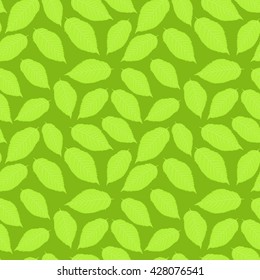 Vector illustration: Seamless pattern with cherry leaves on green background.