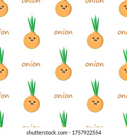 vector illustration seamless pattern chibi funny cute vegetable character onion with a smile