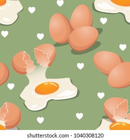 Vector illustration of seamless pattern chicken egg, crack egg and heart shape. Morning meal background. Chicken farm product in flat design.