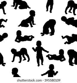 Vector illustration seamless pattern child silhouette novice walking on two legs. Baby toddler  on isolated white background.