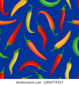 Vector illustration of a seamless pattern with chili peppers. Dark background. Mexican spicy vegetable, food flavoring decorative background. For textile, fabric design, wallpaper, wrapping paper