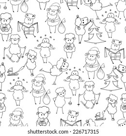 vector illustration. Seamless pattern with christmas sheep. Black and white