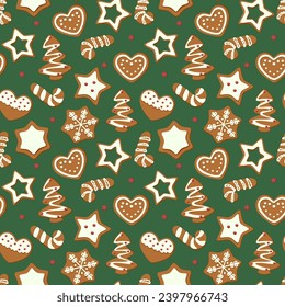 Vector illustration. Seamless pattern. Christmas cookies on a green background. Merry Christmas and a happy new year. Wrapping paper, postcard, poster, fabric.