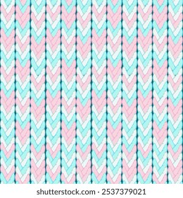 Vector illustration. Seamless pattern of Christmas knitted fabric in pastel blue, pink, white colors. Knitted scarf texture, New Year's clothes, Christmas decor