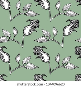 vector illustration seamless pattern in a classic style from a flower bud and leaves on a natural green background