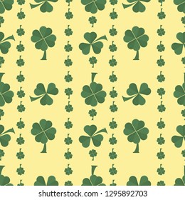 vector illustration seamless pattern clover leaves three and four leaves for St. Patricks day holiday, drawn in flat style