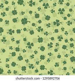 vector illustration seamless pattern clover leaves three and four leaves for St. Patricks day holiday, drawn in flat style