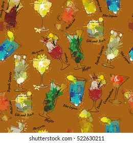 Vector illustration of seamless pattern with Cocktails. Alcohol, Summer drinks. Spray, spot watercolor effect. Wrapping paper, wallpaper, banner