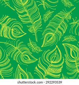 Vector illustration. Seamless pattern of color feathers. 