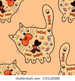 Vector illustration. Seamless pattern of colored cartoon stickers. Nice pattern for packaging, Wallpapers, textile, scrapbooking. Depiction on beige, black and orange colours. Funny cartoon cats.