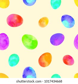 Vector illustration: seamless pattern with colorful egg icons with watercolor texture in different positions on light yellow background for Easter holidays design.
