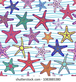 Vector illustration, seamless pattern with colorful decorative starfish.