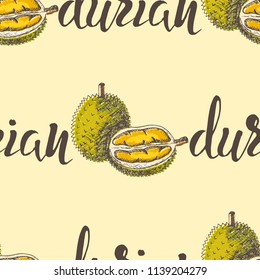 Vector illustration, seamless pattern with colorful durian and inscription on a beige background