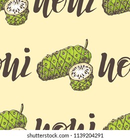 Vector illustration, seamless pattern with colorful noni and inscription on a beige background