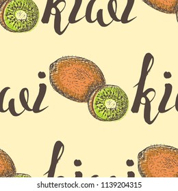Vector illustration, seamless pattern with colorful kiwi and inscription on a beige background