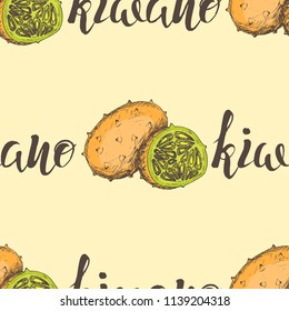 Vector illustration, seamless pattern with colorful kiwano and inscription on a beige background