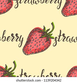 Vector illustration, seamless pattern with colorful strawberry on beige background