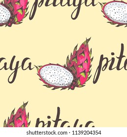 Vector illustration, seamless pattern with colorful pitaya and inscription on a beige background