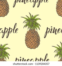 Vector illustration, seamless pattern with colorful pineapple with inscription on a beige background