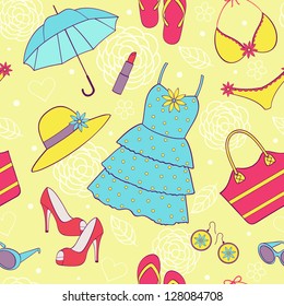 Vector illustration of seamless pattern with colorful  summer women's clothing