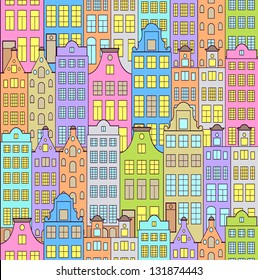 Vector illustration of seamless pattern with colorful buildings