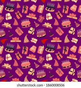 A vector illustration seamless pattern of a colorful cartoon birthday surprise theme. birthday pattern seamless vector