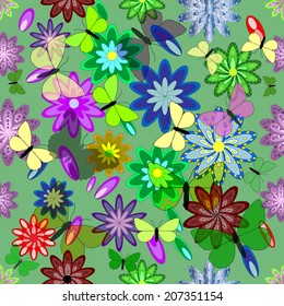 Vector illustration of seamless pattern with colorful flowers and butterflies. eps10 