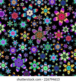 Vector Illustration of seamless pattern with colorful flowers on black background. 